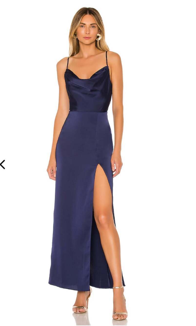 NBD Lila Gown in Blueberry Size Small Cowl Neck Midi Slit Revolve Wedding Guest